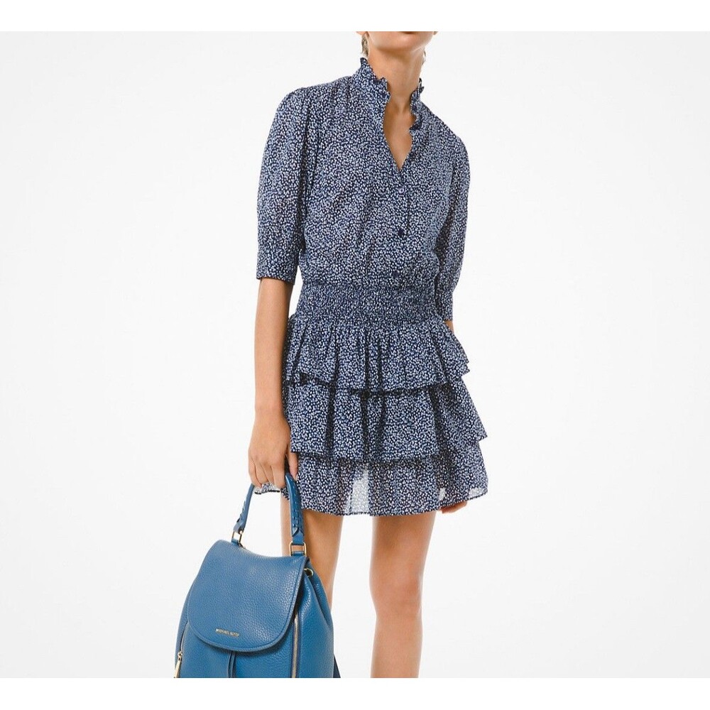 MICHAEL KORS Floral Dress Cotton Lawn Tiered Short Blue Flowers Boho Sz XS - Picture 14 of 16